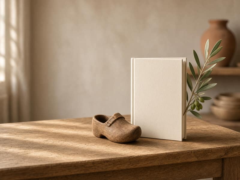 Carnet de lin crème, petite chaussure d’enfant et branche d’olivier sur une table en chêne.