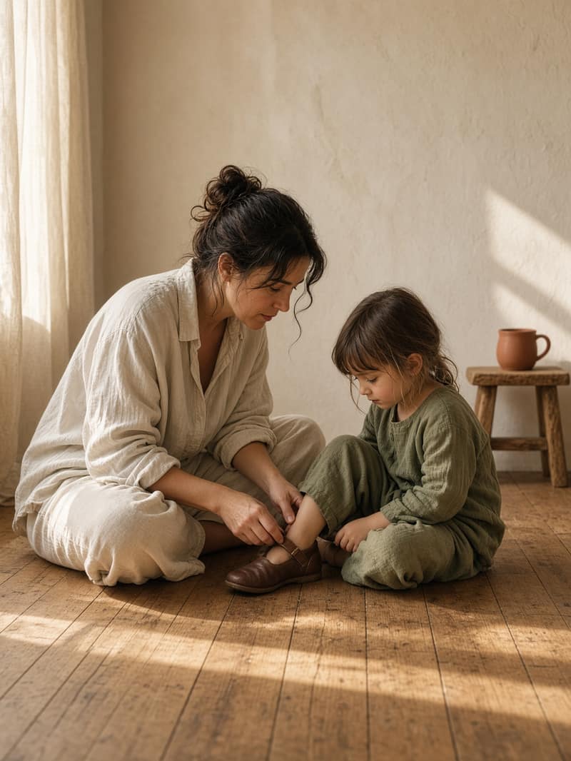 Une mère aide calmement son enfant à enfiler ses chaussures, le matin, dans une cuisine claire.